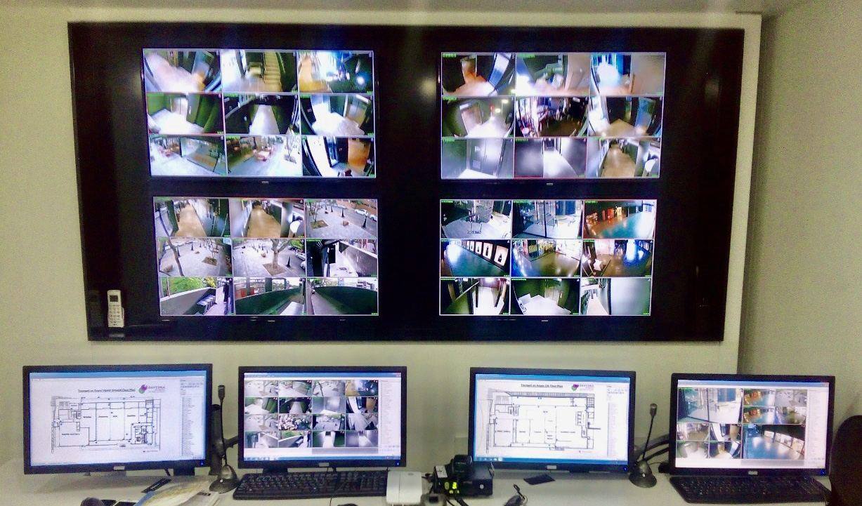 Control room wall of monitors showing camera feeds